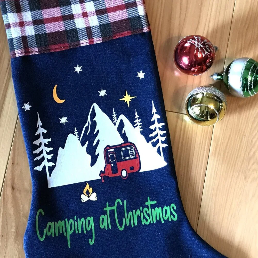 Handmade Denim Christmas Stocking, Mountains Cabin Decor Camping Fishing M-L